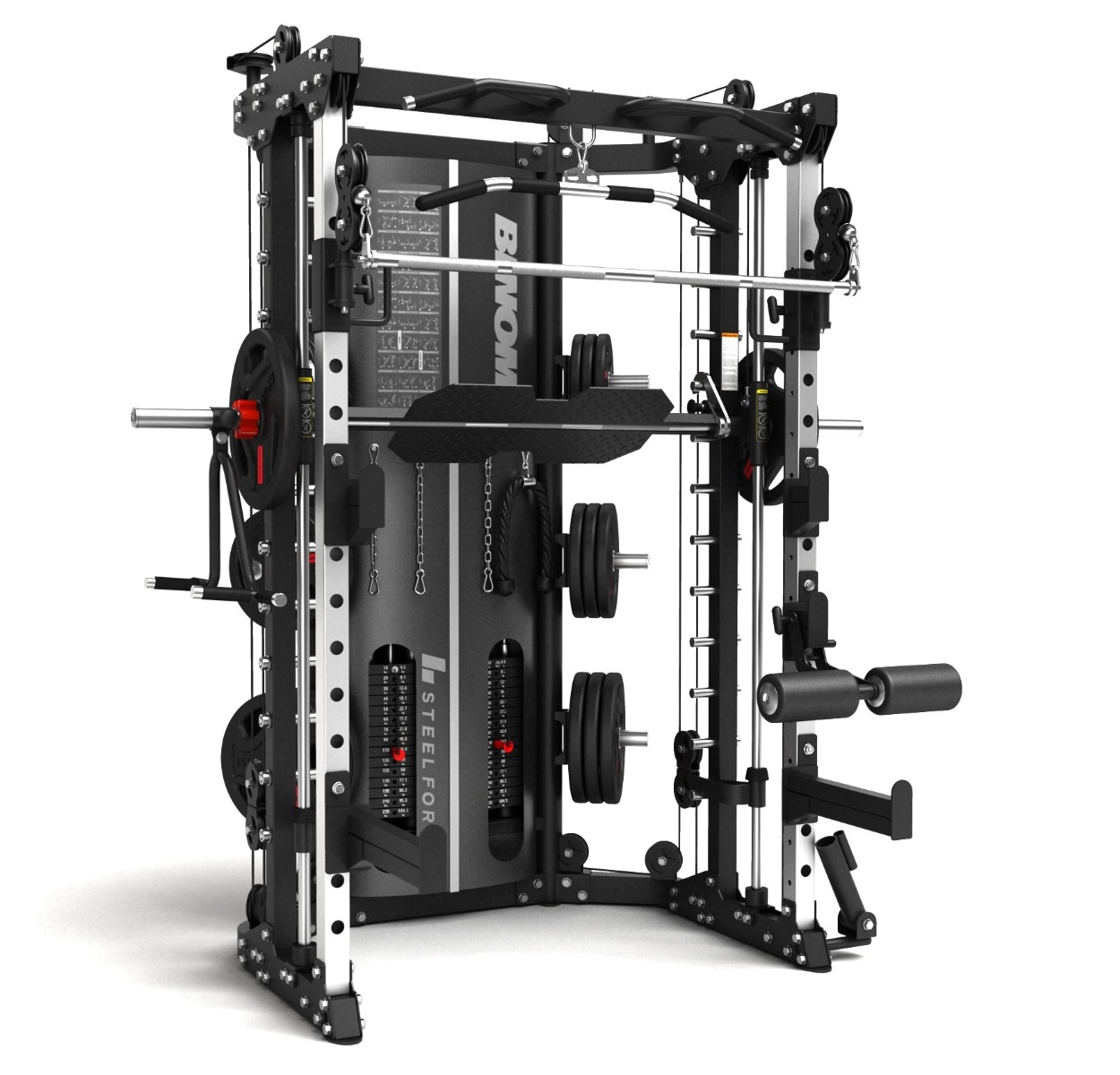 Binom Steel Force Multigym B14, Double Pulley (90,5 kg) Power Rack, Multipower, Leg Press, Vogatore e accessori